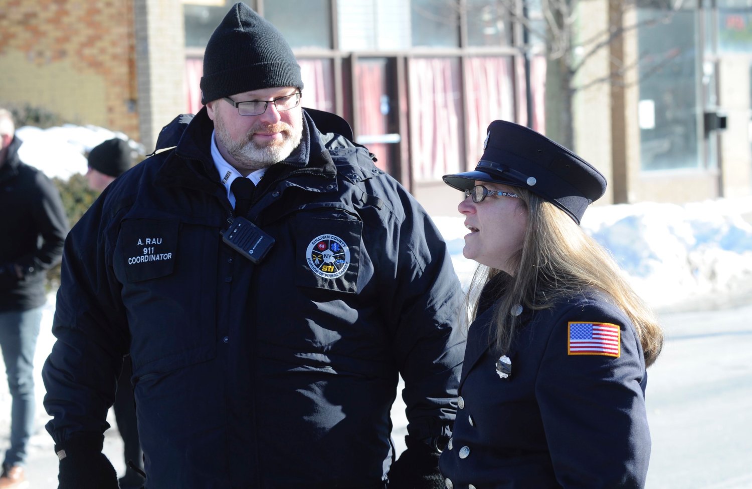 Alex Rau, Sullivan County EMS coordinator, is pictured with Megan Sauer, a firefighter from the Liberty Fire Department, at the February 22 memorial service for William “Billy” Steinberg. Steinberg, a veteran officer with the Forestburgh Fire Department, died in the line of duty while battling a structure fire that was allegedly sparked by an arsonist...